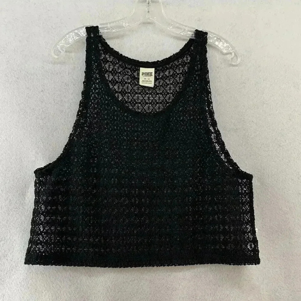 Victoria’s Secret PINK Black Open‎ Knit Cropped Tank Top Size Medium